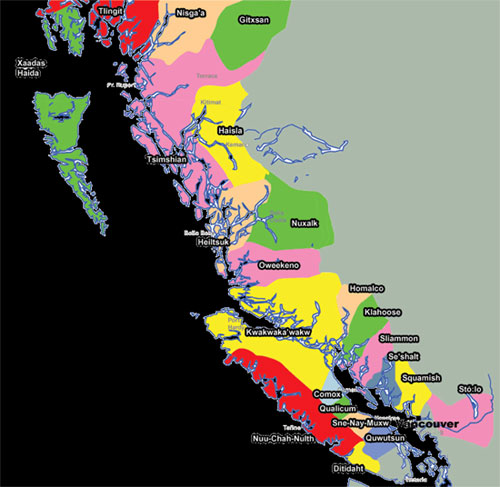  Mappa della distribuzione delle tribù di indiani nativi in British Columbia